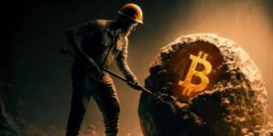 Bitcoin mining concept showing a miner breaking open a rock with a glowing Bitcoin symbol.