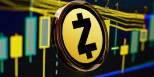 Zcash coin logo displayed in front of a cryptocurrency price chart