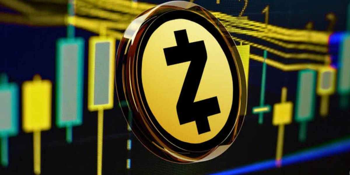 Zcash coin logo displayed in front of a cryptocurrency price chart