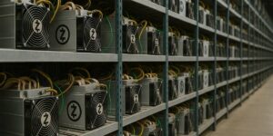 Rows of cryptocurrency mining machines arranged on industrial metal shelves