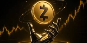 Robotic hand reaching toward a gold cryptocurrency coin above a rising price chart